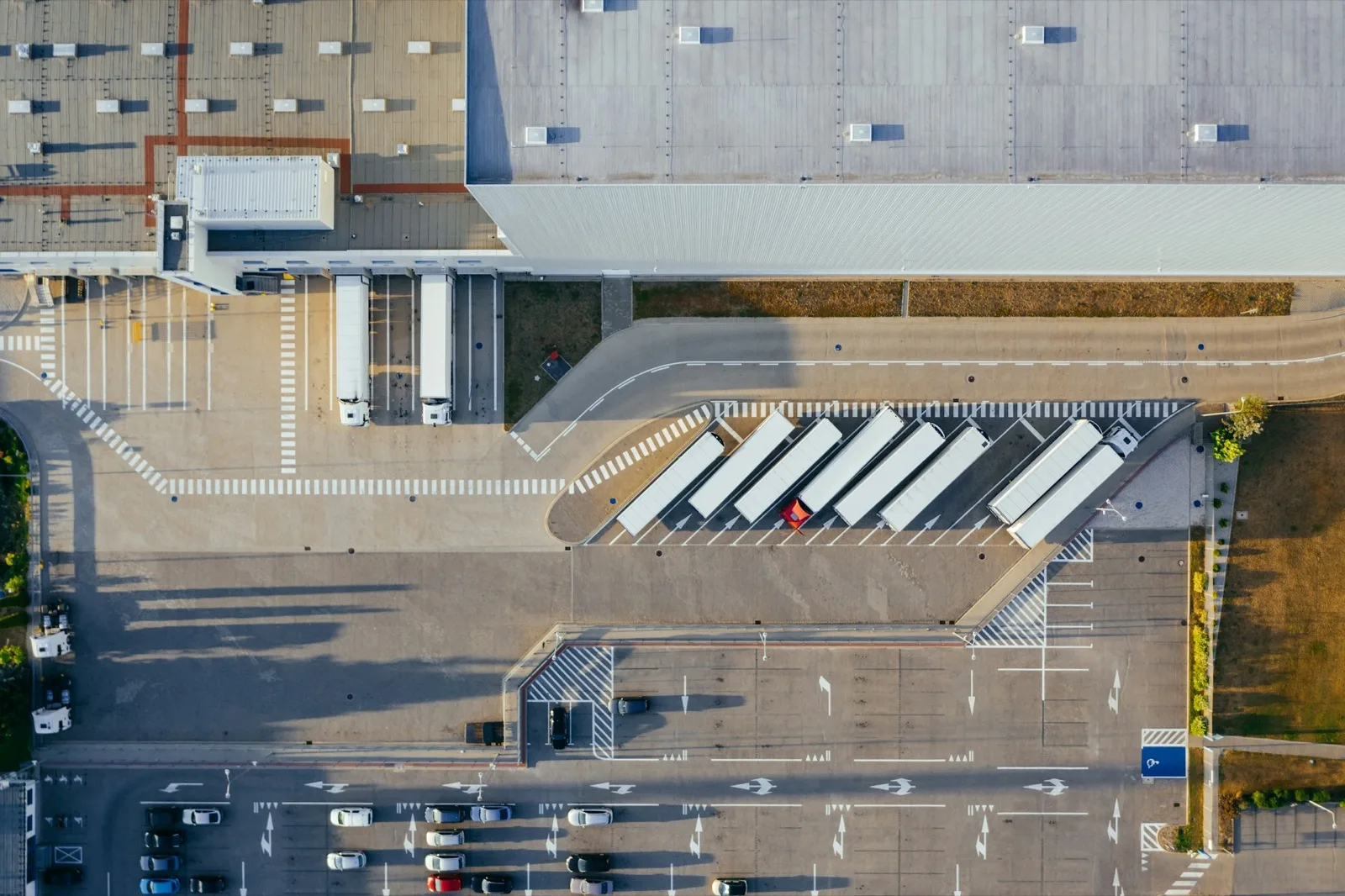Aerial view of a freight terminal with loading docks