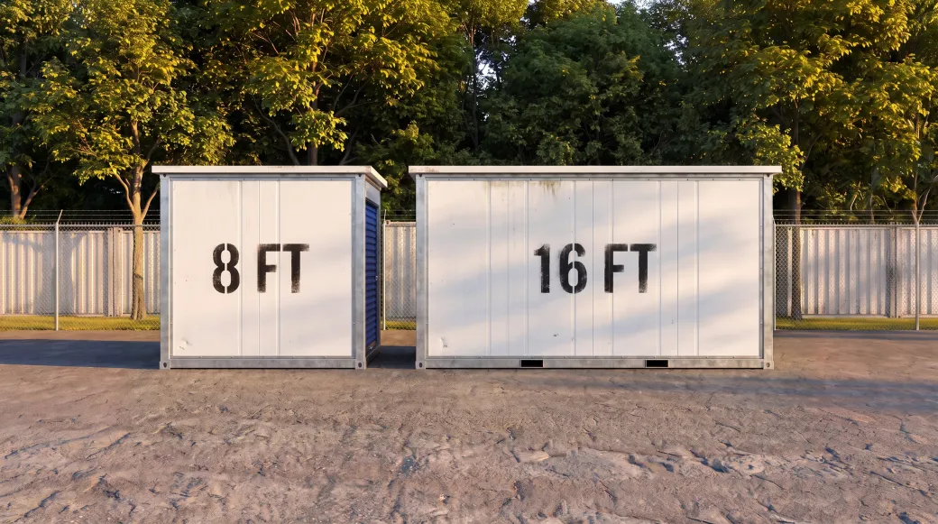 An 8 ft and a 16 ft portable storage container side by side on an operator's yard