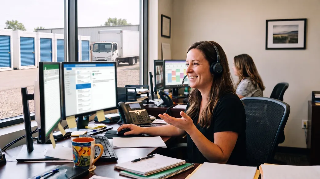 Woman with a headset taking a call at her desk