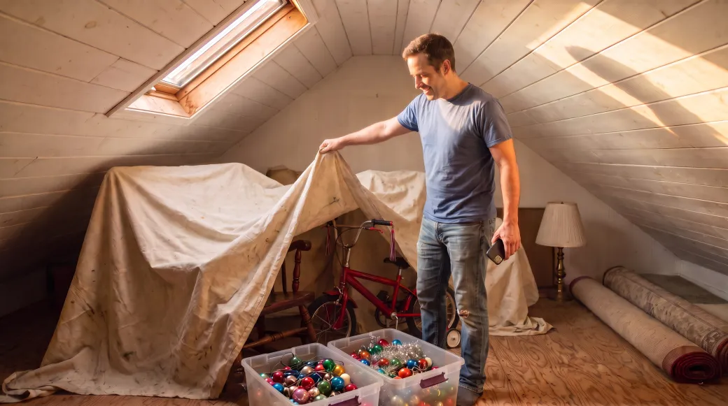 Man lifting a dust sheet in his attic to find a rocking chair, a child's bike and holiday decorations