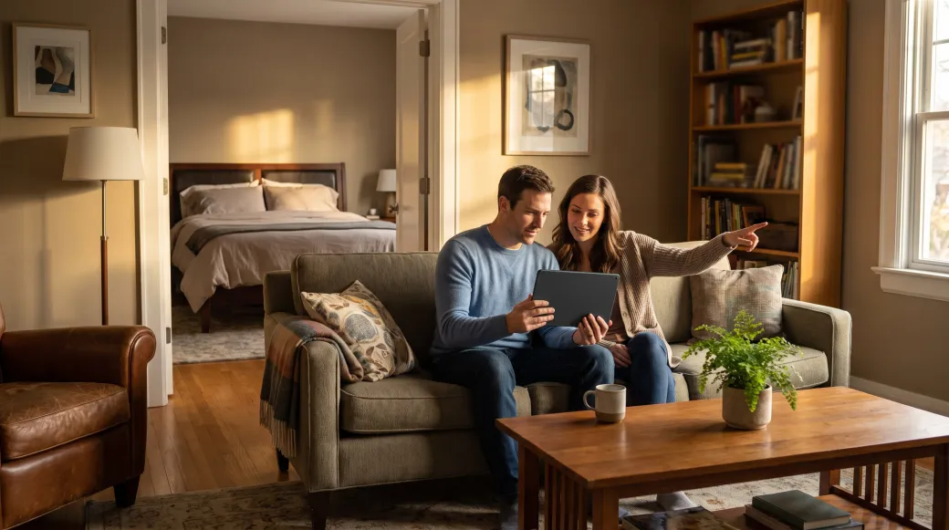 Couple on their living room sofa looking at a tablet, surrounded by their furniture