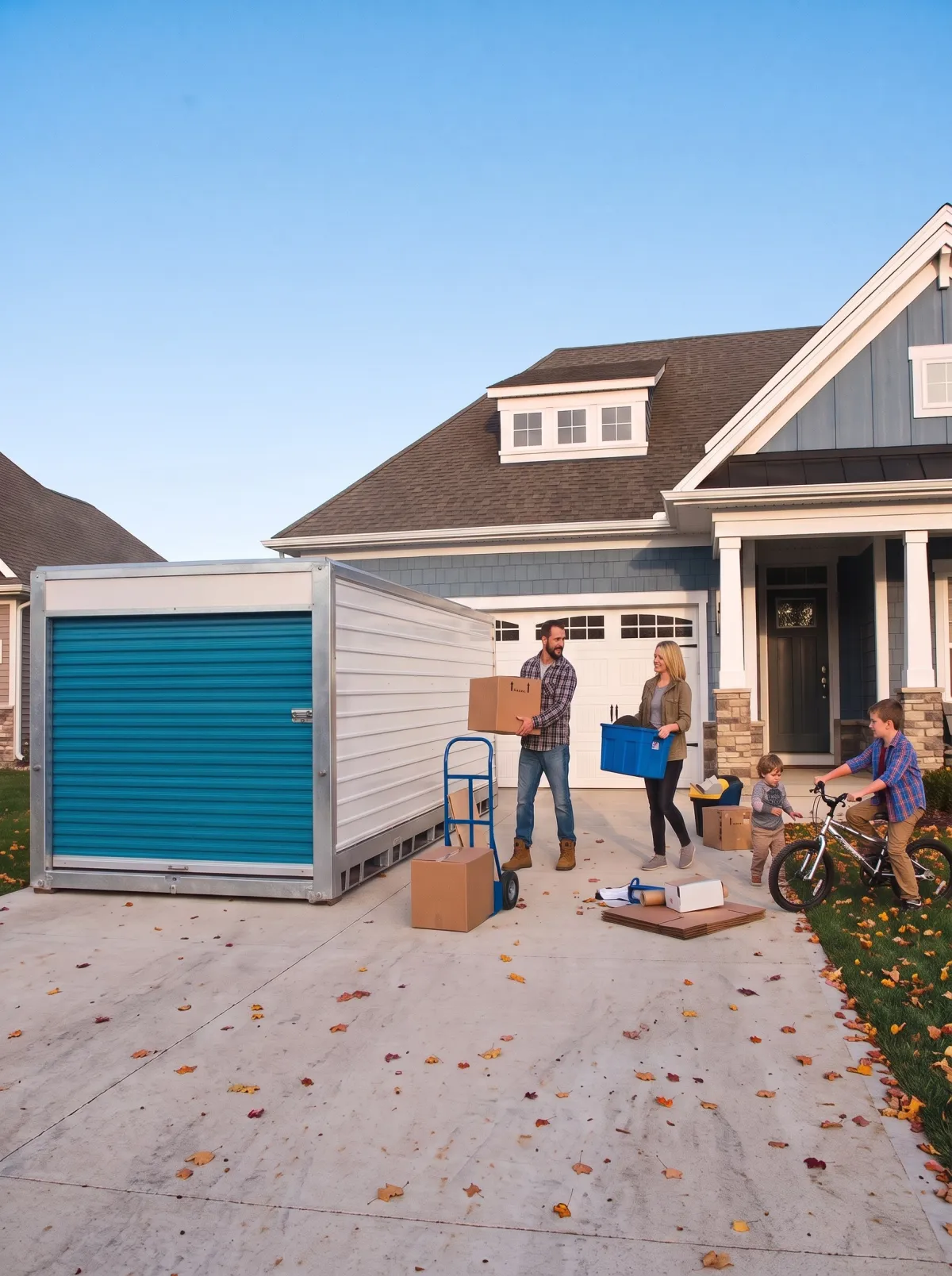 Family carrying boxes to a blue-door portable storage container in front of their house